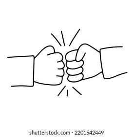 Dos manos humanas golpean puños. Ilustración del vector Doodle aislada en blanco. Símbolo de apoyo y amistad