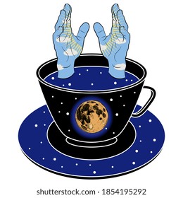 Zwei menschliche Hände wie sonniger Tag, der aus einer Tasse als sternige Nacht mit Vollmond hervorgeht. Kreatives lustiges Konzept für Morgenkaffee.