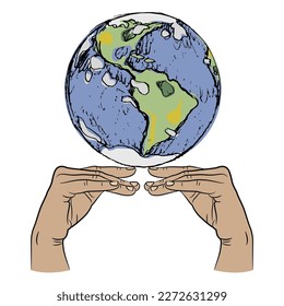 Two human hands supporting planet earth. Goddess Gaia. Creative environmental design.