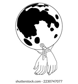 Two human hands tied with rope and a full moon. Creative concept for madness and lunacy. Black and white silhouette.