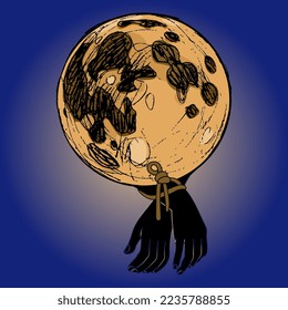 Dos manos humanas atadas con cuerda a una luna llena. Concepto creativo para la locura y la locura.