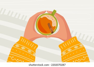 Two human hands with warm knitted sleeves holding hot drink cup with cinnamon. Autumn mood. Design For Holiday banner, poster, card. Colorful Vector illustration in flat style in autumn leaf colors