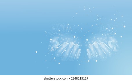 Two human hands. Wireframe glowing low poly hands. Design on dark blue background. Abstract futuristic vector illustration.