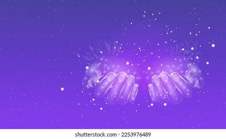 Two human hands. Wireframe glowing low poly hands. Design on purple background. Abstract futuristic vector illustration