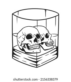 Two human head skulls inside whiskey glass vector line art illustration