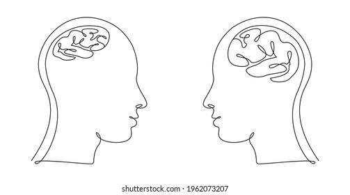 Two Human heads with big and small brains in one line art style. Continuous drawing illustration. Abstract linear Vector for medicine flyer, banner, brochure, poster