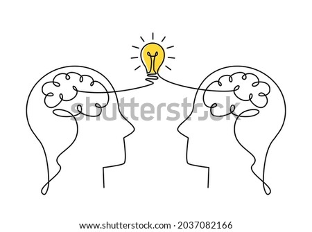 two human heads with a brain and a burning light bulb are drawn with one solid line. The concept of human creativity and collective mind. vector illustration isolated on white background