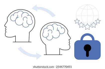 Two human heads with brain outlines connected by arrows a globe with stars and a lock represent communication global connection data security and knowledge sharing. Ideal for technology education