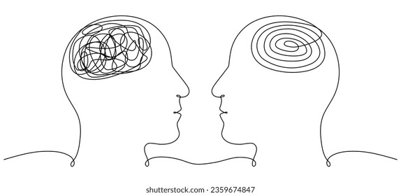 Zwei menschliche Köpfe mit Chaos und Ordnungsgedanken sind durchgehend gezeichnet. Konzept der psychischen Gesundheitstherapie. Vektorgrafik einzeln auf Weiß.