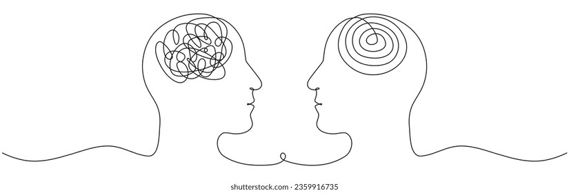 Two human heads with chaos and order thoughts continuous line drawn. Mental health therapy concept. Vector illustration isolated on white.