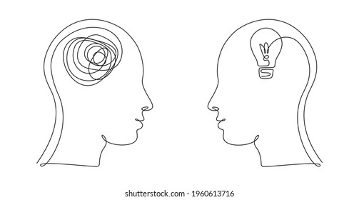 Two Human heads and confused   clean thoughts in one line art style  Continuous drawing illustration  Abstract linear Vector for medicine flyer  banner  brochure  poster