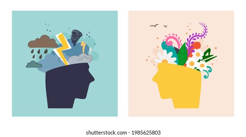 Two human heads expressing mental and psychological health. In one there is bad weather, clouds, lightning. In another, flower and plant. Before and after session of psychotherapy. Vector illustration