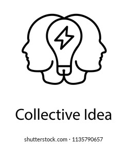 
Two human heads with a light bulb, collective idea line icon design
