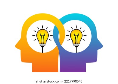 Zwei menschliche Köpfe mit einer Glühbirne drinnen. Konzept des kreativen Geistes und der Teamarbeit. Kreation von Ideen und Gedanken. Vektorgrafik einzeln auf weißem Hintergrund