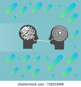Two human heads with mechanisms and communication symbol work of brain. Teamwork and leadership concept illustration vector.
