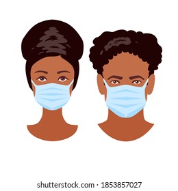 Two human heads in medicine masks. Protection in prevention for coronavirus. Man and Woman young faces isolated on white background. Afro American male and female user icons. Stock vector illustration
