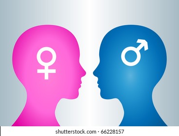 Two human heads. "Opposition" and "gender" concept.