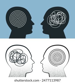 Two human heads of a person flat and outline vector illustrations show concepts of psychology, communication, diversity, opposite mindset, mental disorder, chaos, attention or order in thoughts