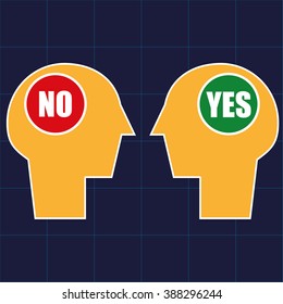 Two human heads in profile with opposing views in the form of YES and NO signs in the brain area