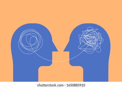 two human heads silhouette with brain mental health concept, therapist and patient, sign symbol flat vector illustration