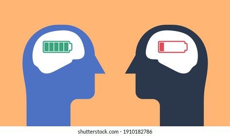 silueta de dos cabezas humanas con energía de batería completa verde cerebral y quemadura baja roja, símbolo de signo ilustración vectorial plana