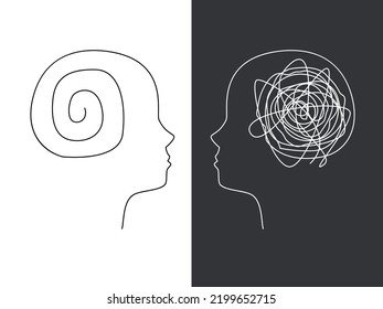 Two Human Heads Silhouette With Brain Mental Health Psycho Therapy, Bipolar Concept, Therapist And Patient, Sign Symbol Vector Illustration