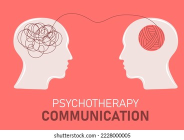 Two human heads silhouette with brain mental health psycho therapy concept. Therapist and patient. Vector illustration for psychologist blog or social media post