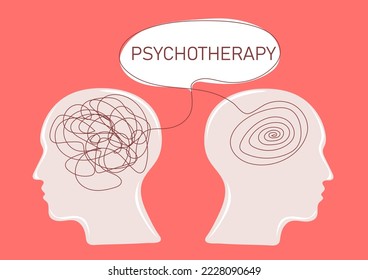 Two human heads silhouette with brain mental health psycho therapy concept. Therapist and patient. Vector illustration for psychologist blog or social media post
