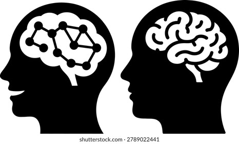 Two human heads silhouette with brain illustration showing neural network and standard brain
