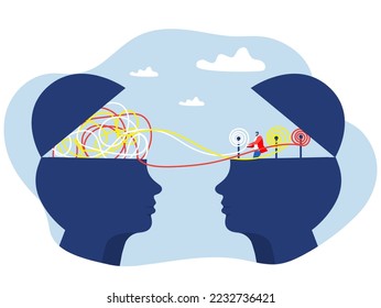 Two human heads silhouette decoding and understanding problem or rational and irrational thinking, conflict. Ordering thoughts into structure  brain mental health psycho therapy concept