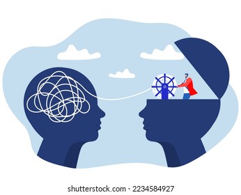 Two human heads silhouette decoding with The opposite mindset chaos and order in thoughts concept. vector illustration