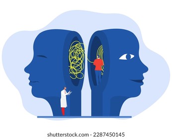 Two human heads silhouette decoding with The opposite mindset chaos and order in thoughts concept. vector illustration