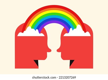 Two human heads silhouette with rainbown