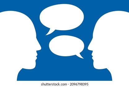 Two human heads silhouette talking through speech bubbles. Dialogue,contact, conversational exchange between two individuals. Vector illustration.