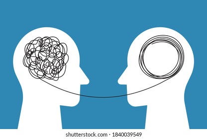 Two human heads silhouette, therapist and patient. Psycho therapy concept. Abstract concept tangled brain, therapist, patient. Vector illustration