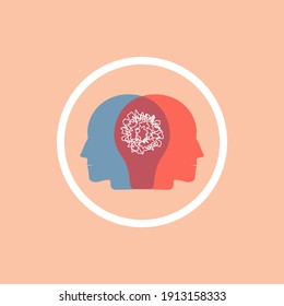 Two human heads solving a problem. Psychology icon concept isolated on white background. Vector illustration