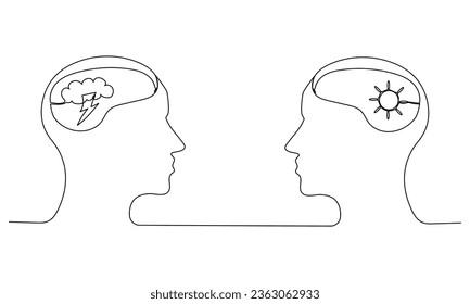 Two human heads with storm cloud and sun in continuous one line art style. Opposite thinking concept. Simple vector illustration