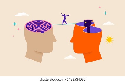 Two human heads with tightrope walking man. Surreal, Psychology, Dream, Mental Health concept illustration. Brain, neuroscience and creative mind poster, cover. Contemporary art background and shapes