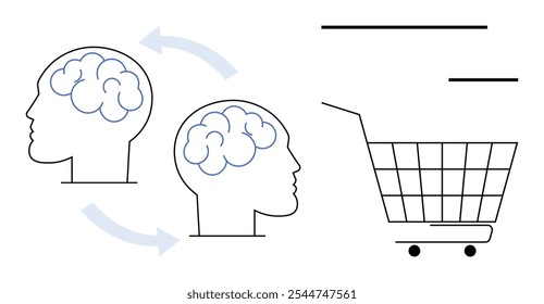 Two human heads with visible brains and arrows indicating exchange, alongside a shopping cart. Ideal for consumer behavior, decision-making, psychology, marketing, neuroeconomics. Simple line style