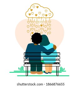 Two human hugging sitting on bench and raining hearts. Couple in love. Valentine's Day card. Flat style hand drawn. Vector