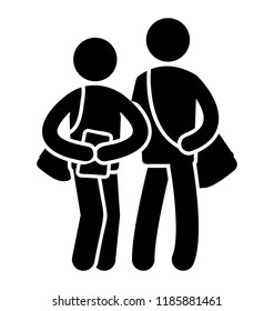 Two human pictograms with bags and standing together for collegemate icon