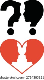 Dos perfiles humanos forman signos de interrogación negros sobre una forma de corazón rojo también formada por perfiles, que simbolizan preguntas de relación y amor.