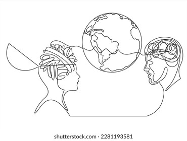 two human profiles.Planet earth in middle. Vector illustration.	