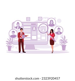 Two human resources seek and record people who are suitable for job positions. Concept of recruitment and employee selection. Trend Modern vector flat illustration.