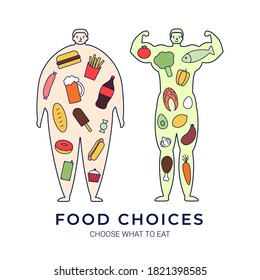 Two human shilouettes of men with different food insite - junk food and healthy. Overweight and healthy figure. Obesity and sport lifestyle. Vector flat illustration