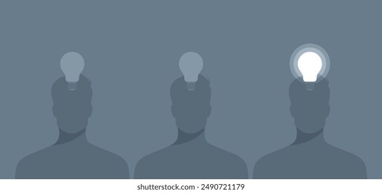 Two human silhouettes with off light bulbs above their heads and one silhouette with a light bulb on. Flat vector illustration