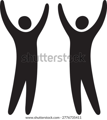 Two human silhouettes raising their arms in triumph or joy. Black figures against transparent background, symbolizing success, freedom, happiness, or achievement. Simple, flat vector illustration.