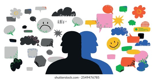 Two human silhouettes unfolded in different directions, in front of one gray sad objects, in front of the second bright emotions and speech bubbles. A metaphor for pessimism and optimism.