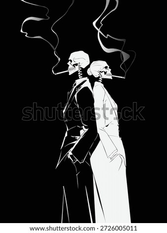 Two human skeleton smokers. Male and female skeletons smoking cigarettes. Stop smoking. Health risks of smoking concept, dangers of smoking tobacco. 