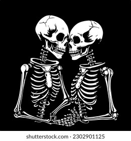 Two human skeletons looking at each other lovingly